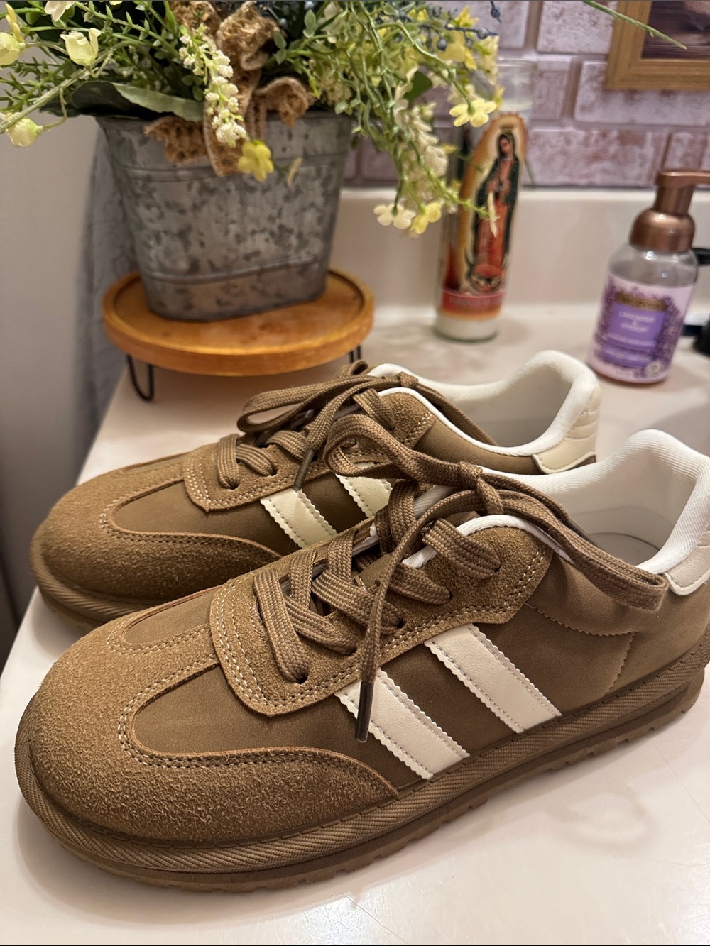 Brown Retro Runner Sneakers with White Stripes